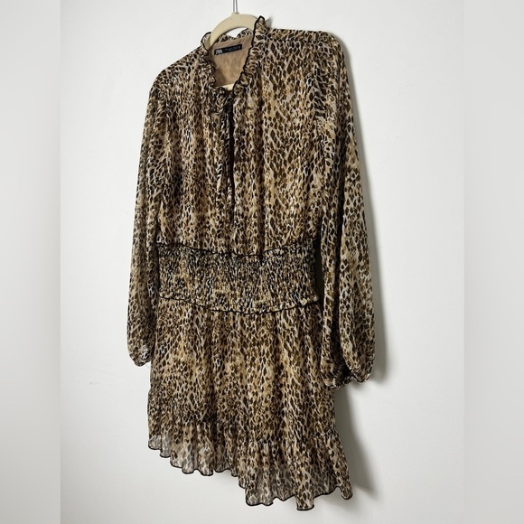 ZARA Brown Tan Abstract Snakeskin Print Chiffon Smocked Waist Boho Mini … - Picture 5 of 14